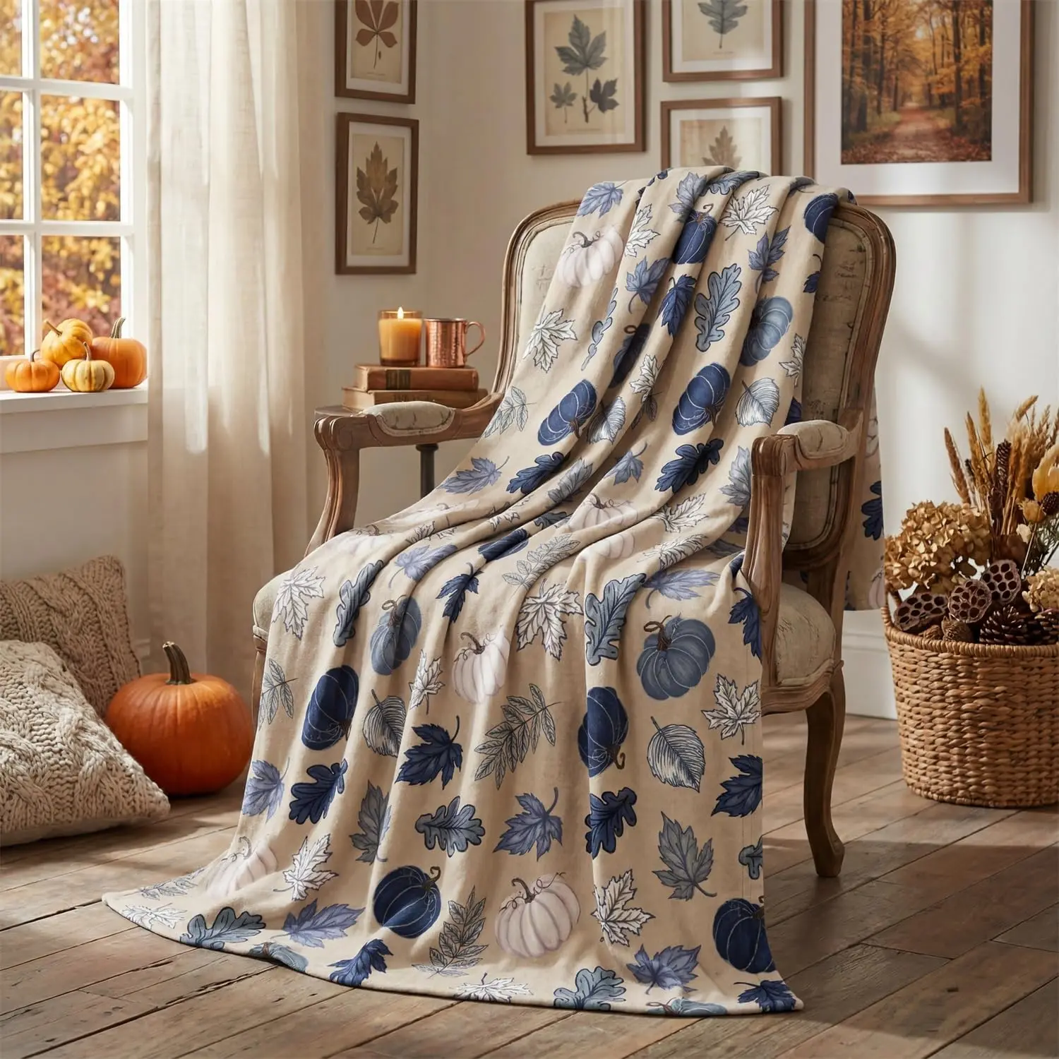 Fall Khaki Blue Leaves Pumpkin Flannel Throw Blanket 50x60inch