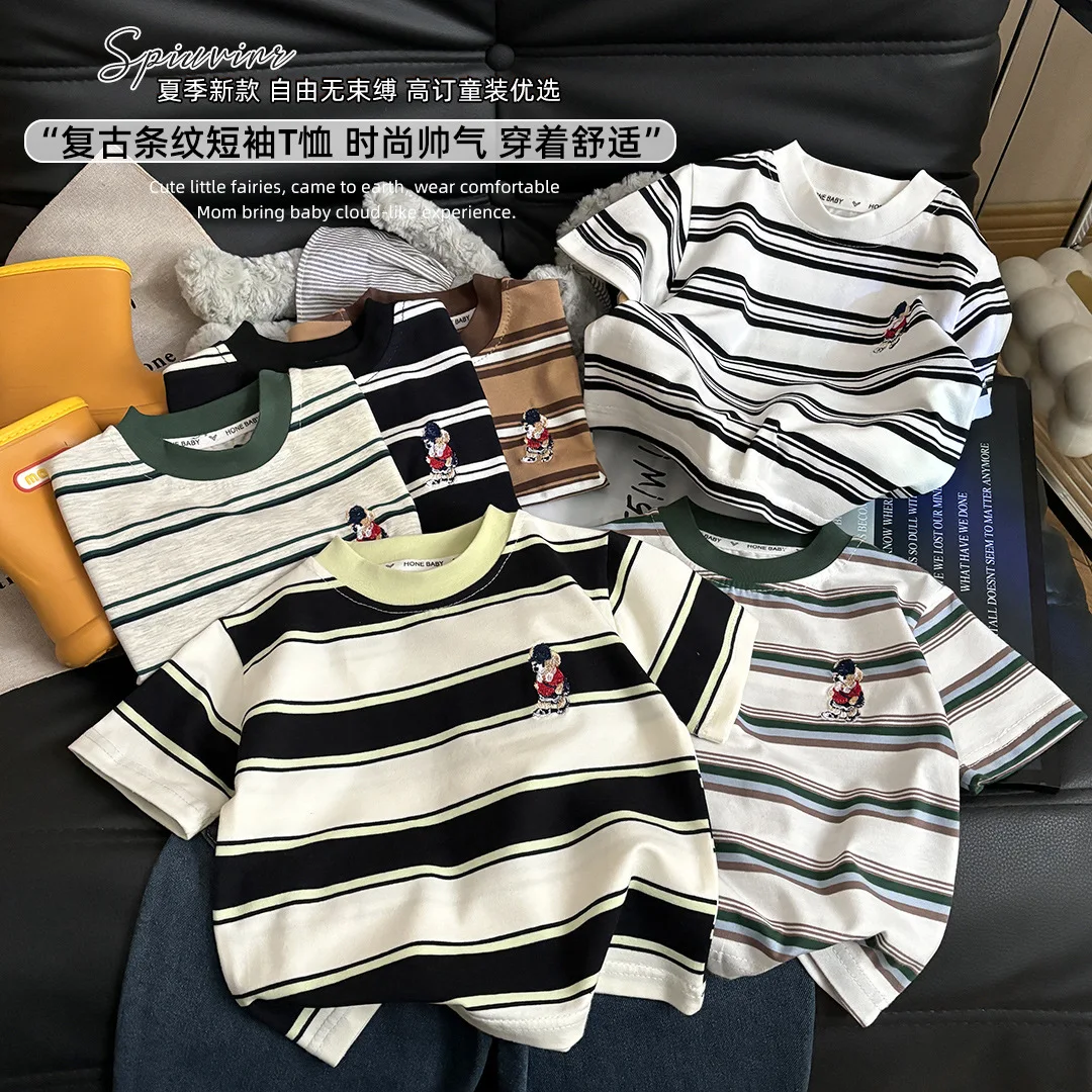 Summer Cotton Children Stripe Short Sleeve T-shirt For Boys and Girls Vintage Fashion Tops