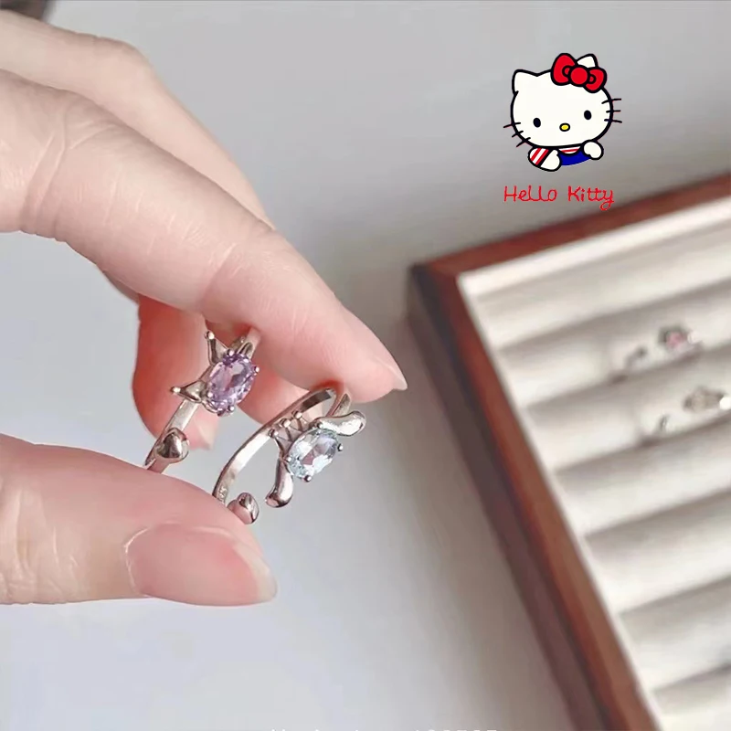 Light Luxury Style Sanrio Kuromi Ring Cute Cartoon Cinnamoroll Melody Adjustable Simple Elegant Crystal Ring Jewelry Accessories