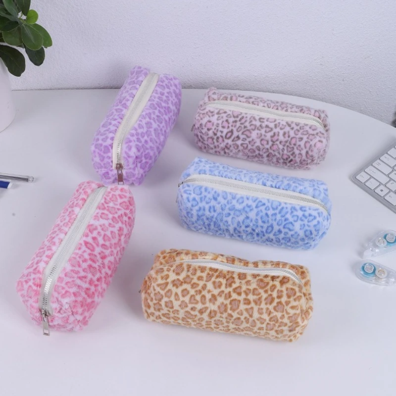 Soft Plush Pen Bag Leopard Print Pattern Large Capacity Stationery Storage Bag Pencil Case School Office