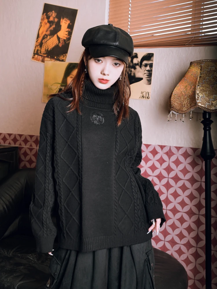 

Loose High Collar Embroidered Sweater for Women Autumn Winter Vintage Sle Cylindrical Body Warmth Faionable Commute Wear