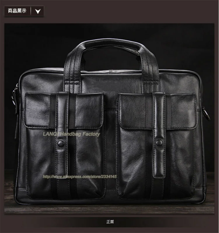 Maletines de cuero genuino de alta calidad para hombre, bolso de oficina, bolso de negocios para hombre, bolso de hombro para ordenador portátil de 15 ", color negro