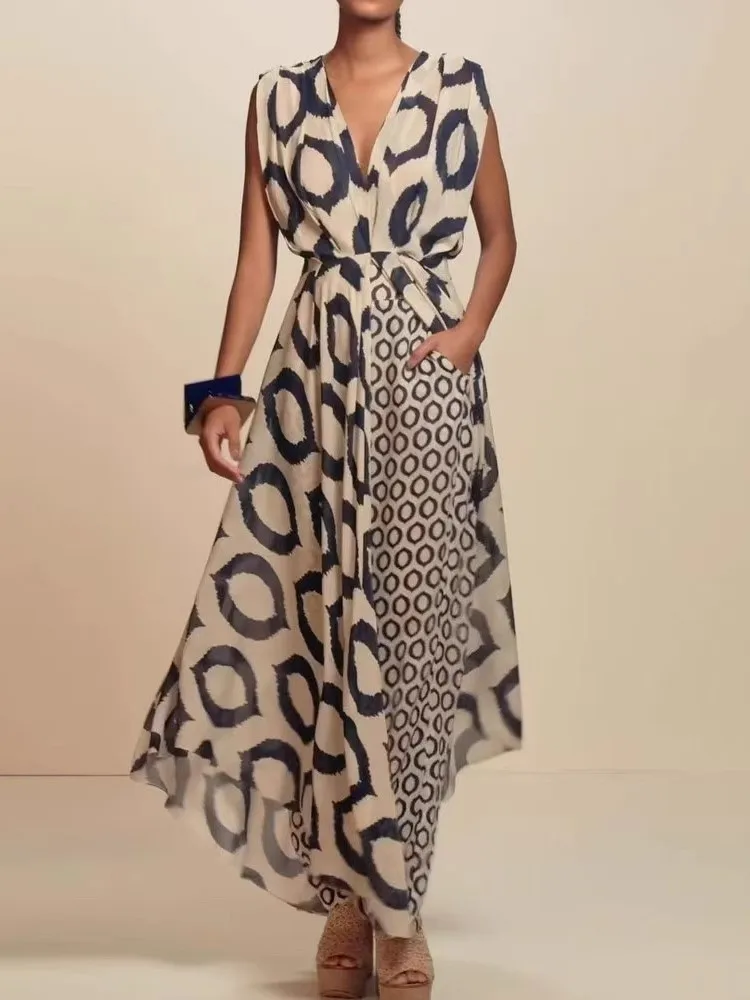 

Summer Women's Clothing Temperament Elegant Printed Trousers Set Fashion Sleeveless V-neck Tie Top Slim Trousers Two-piece Sets