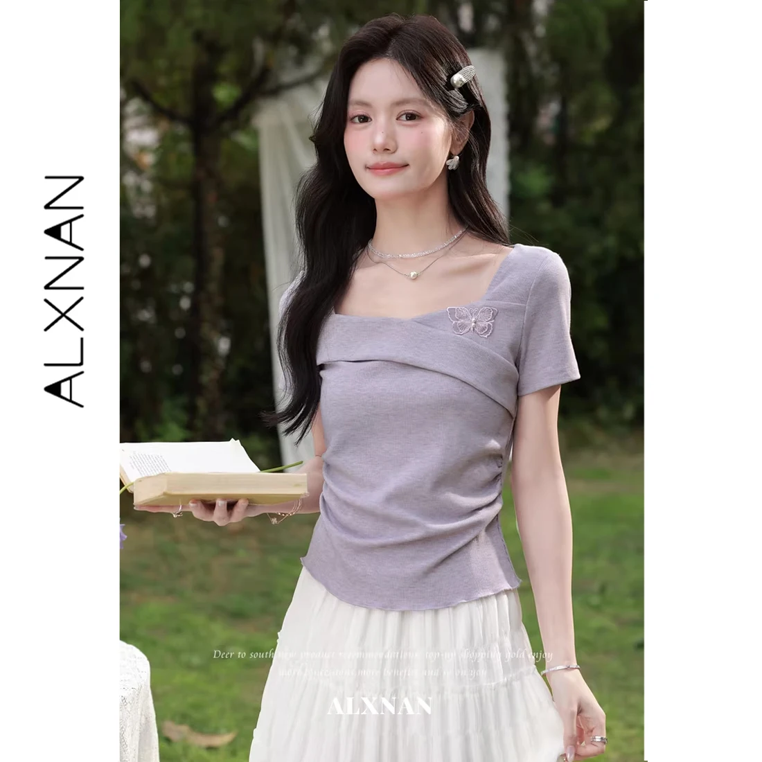 

Женская фиолетовая футболка ALXNAN, новинка лета 2026, повседневная, с коротким рукавом, 3D-дизайн бабочки, с плиссировкой на талии, элегантный топ L63107