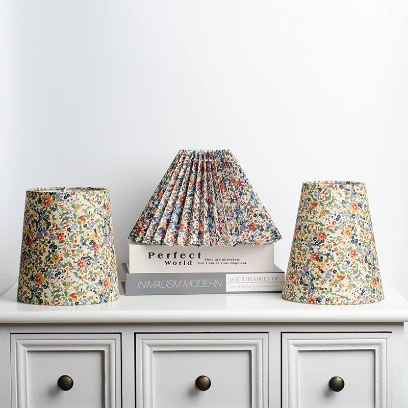 Pastoral Style Pleated Table Lampshade Linen Fabric Retro Floral Pattern Lampshades Bedroom Hotel Bedside Floor Lamp Cover