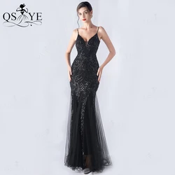 Black Sequined Evening Dresses Pattern Lace Spaghetti Straps V neck Prom Gown Open Back Full Mermaid Tulle Long Party Dress Chic