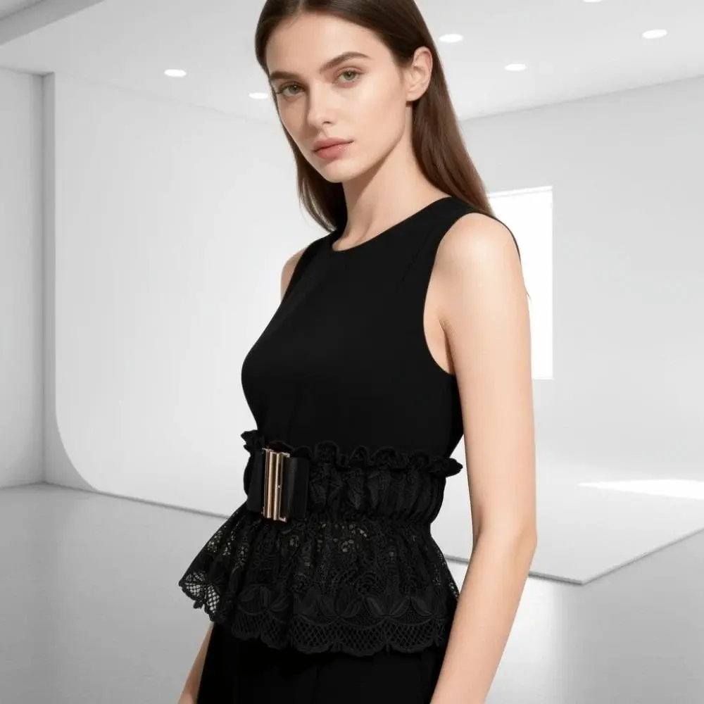 cinto-corset-elegante-de-renda-em-cor-solida-com-detalhes-vazados-e-elastico-faixa-larga-preta-para-vestido
