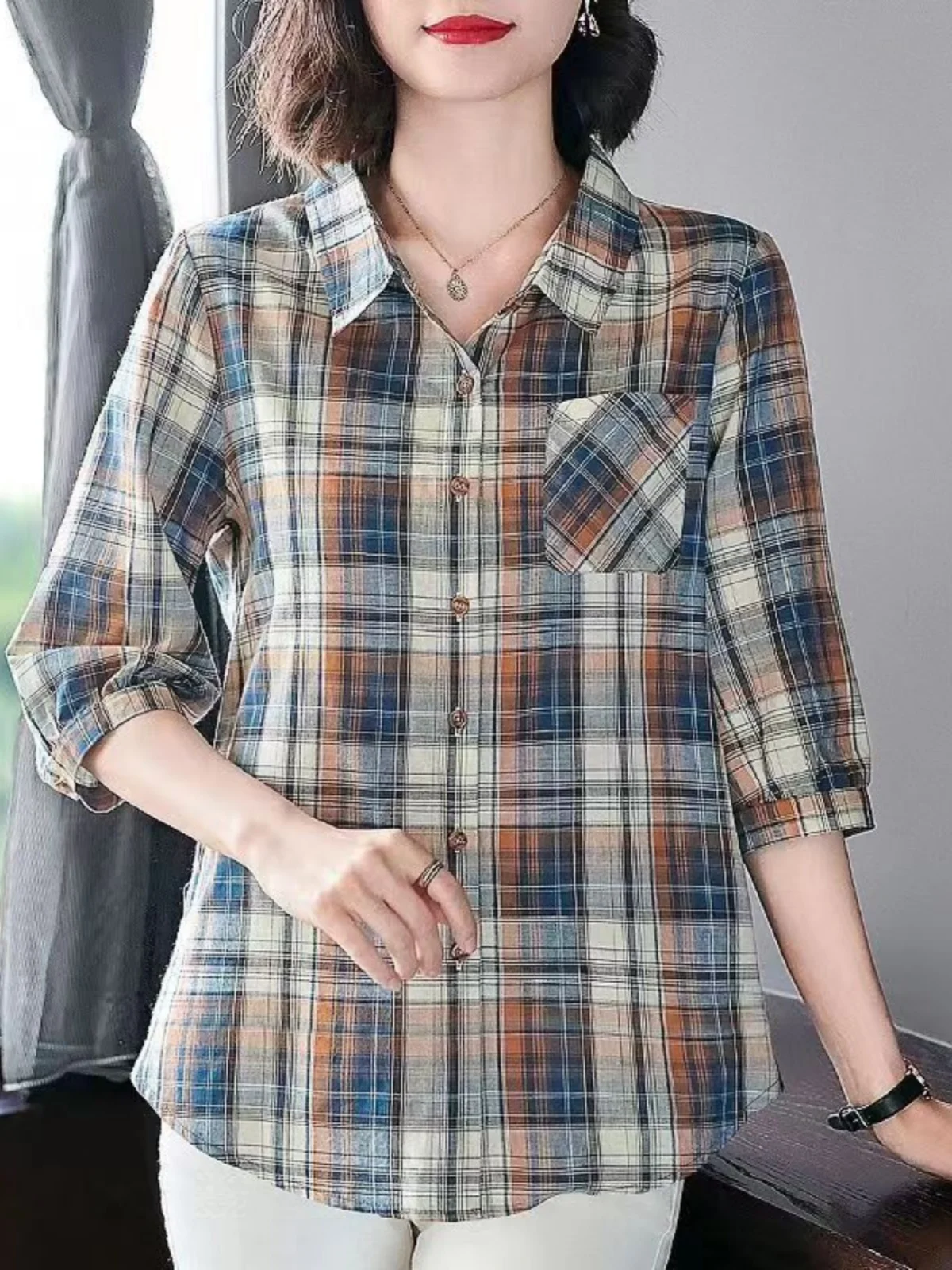 

Loose Thin Plaid irt Women's Casual Spring Summer Large Size mid Sve Top Seven-Quarter Sve Women's Faion Sun Protec...