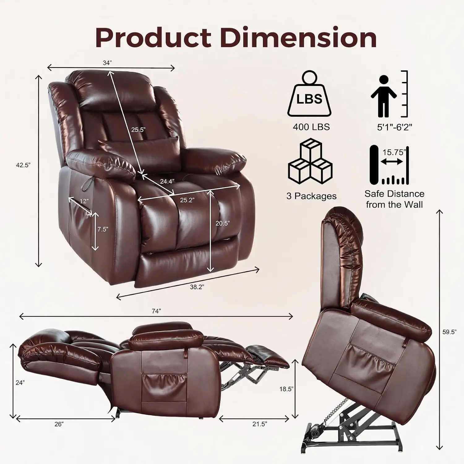 Power Lift Recliner Chair for Elderly Seniors with Massage and Heat，Large Electric Recliner Chairs for Adults with, Customized