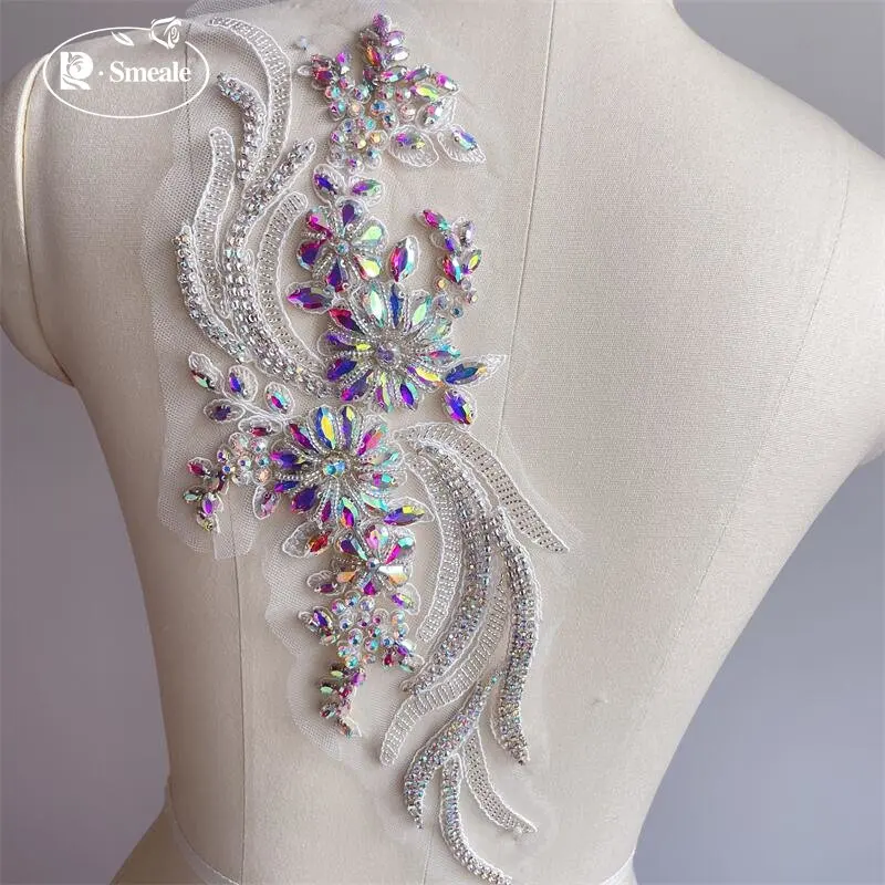 Multi-color Hand-sewn Glass Drill Mirror Flowers Sparkling Rhinestone Flower Waistbands Shoulders Wedding Dress DIY Patch RS4172