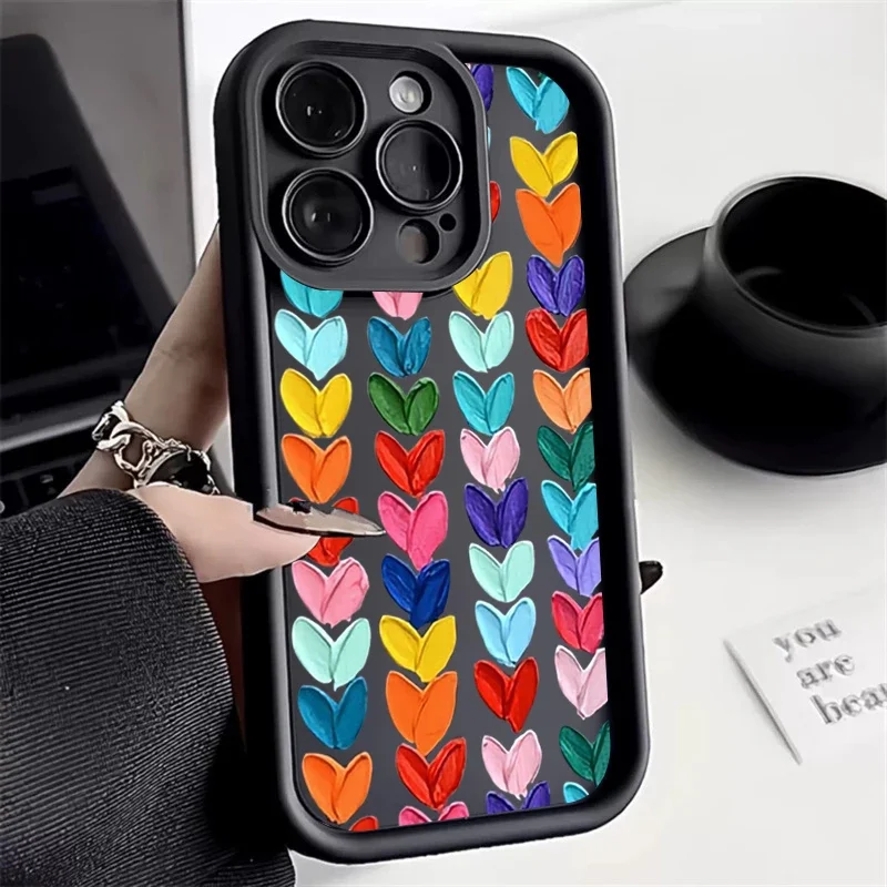 Colorful Love Heart Phone Case For iPhone 16 14 13 12 11 Pro Max XS XR X 7 8 Plus SE2020 Cover For iPhone 15 16 Pro Max Cases