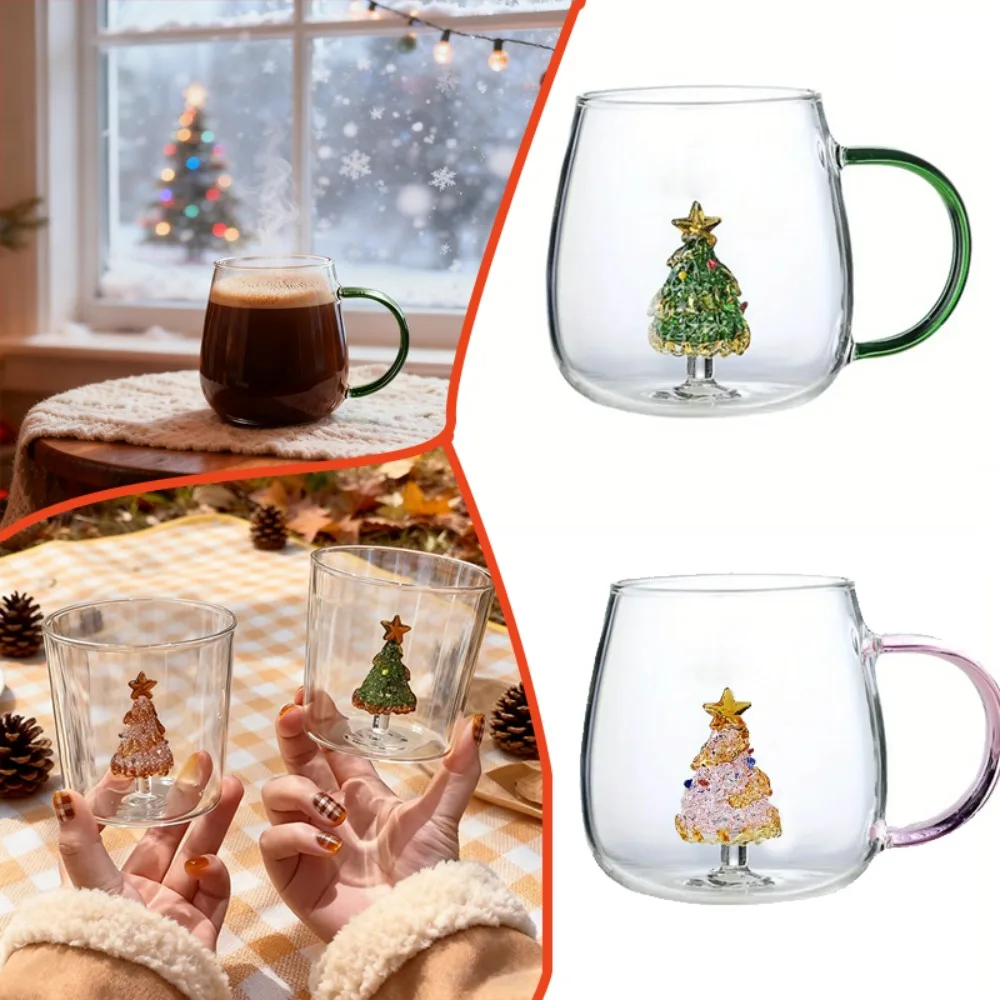 

Green Pink Glass Cup 400ml Christmas Theme Inside Glass Christmas Drinking Glasses Cartoon Christmas Tree Shape Glass Coffee Mug
