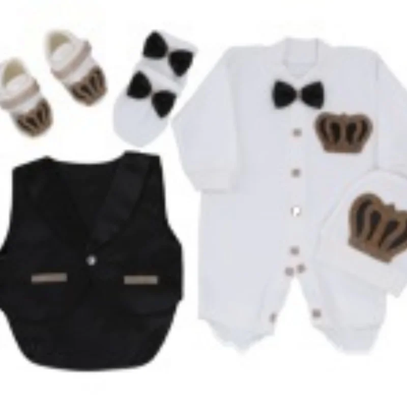 newborn-baby-romper-0-9-months-5pcs-white-black-vest-bow-tie-champagne-gold-crown-long-sleeve-jumpsuit-prince-royal-baptism-gift