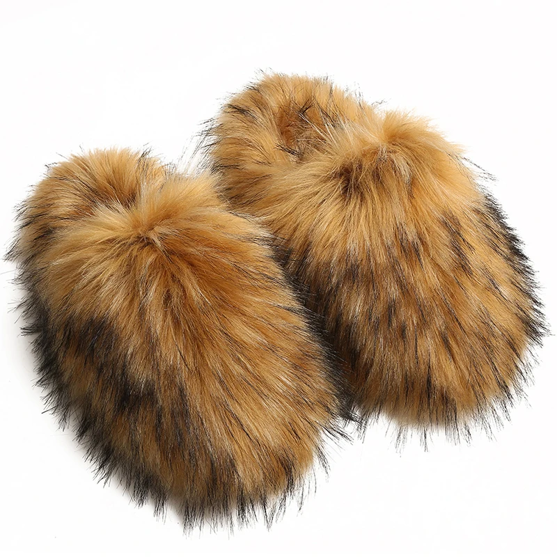 

Luxury Faux Fur Slippers Furry Shoes Women Raccoon Fox Fur Slides Flat Plush Fuzzy Non Slip Winter Warm Fluffy Slipper Woman