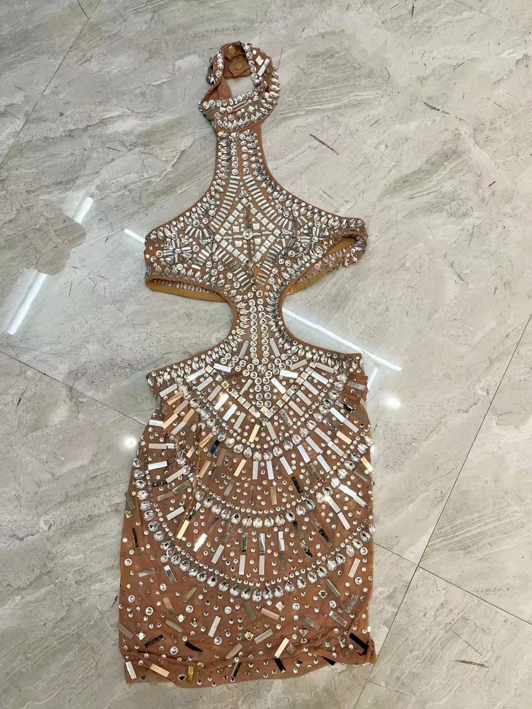 Silver Rhinestones Sequins Sexy Halter Backless Skinny Short Dress Birthday Party Banquet Outfit Bar Singer Stage Show Costume