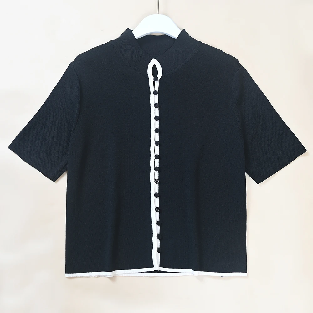 

Summer New Lady Slim Fit Color Block Knitwear Short Sleeve College Style Pullover Two Piece Set Regular Length Button Door