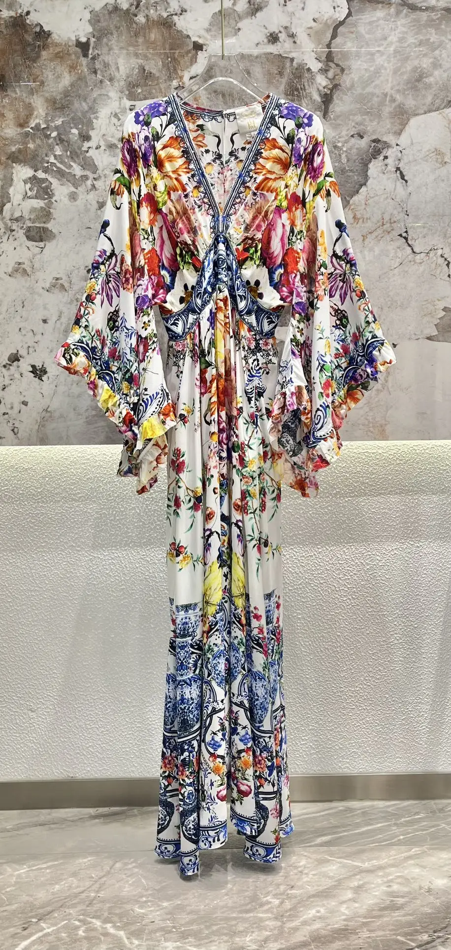 Women Multi-color Printed V-Neck Flare Loose Sleeve 100% Silk Holiday Maxi Dress