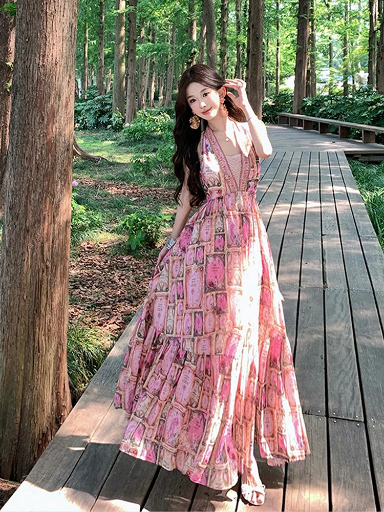 프랑스 스타일 우아한 연회 긴 드레스 섹시한 홀터넥 백리스 꽃 프린트 드레스 여름 해변 휴가 민소매 슬림 롱 드레스