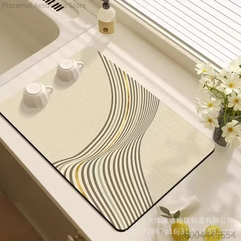 Minimalist Geometric Leaf Line Print Super Absorbent Drying Mat Waterproof Kitchen Counter Drain Pad Decor Placemat