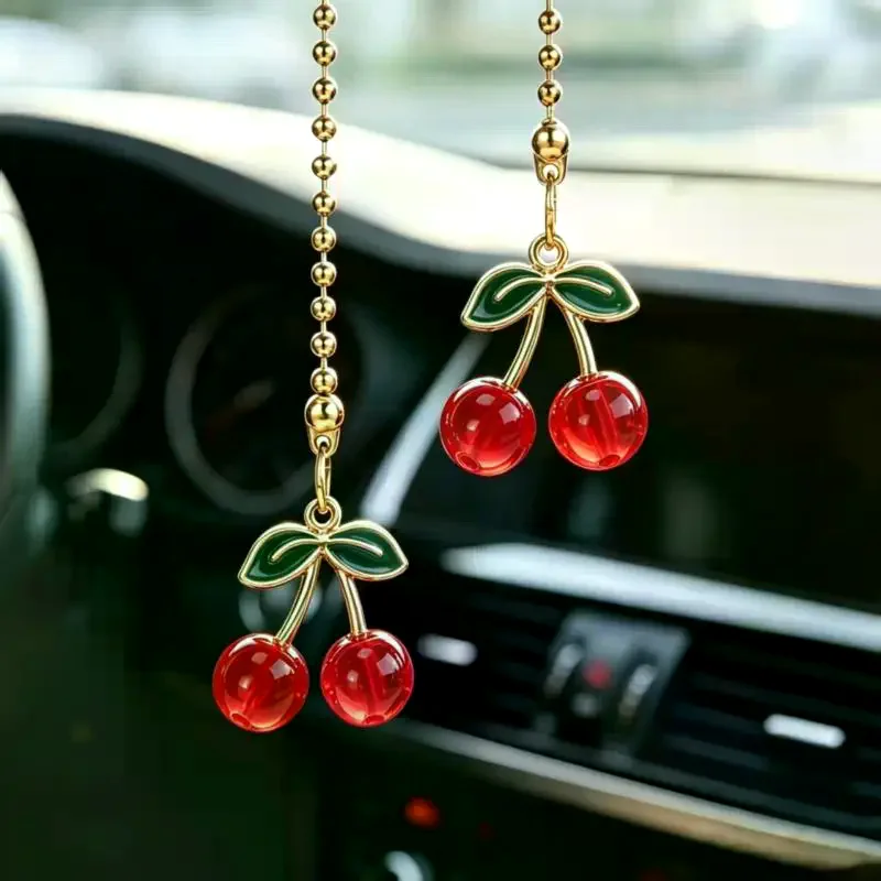 Adorable Cherry Car Rearview Mirror Pendant 1Pcs Kawaii Auto Inner Hanging Ornament Decor Accessory for Girl Car Owners Gifts