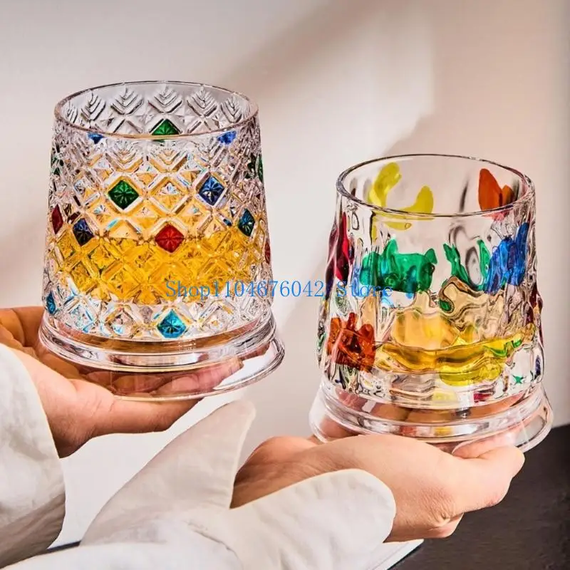 652F Hand Painted Rotating Whiskeys Glasses With 360 Degree Swivels Base And Carbites Cut Star Designs For Bourbons Cocktails