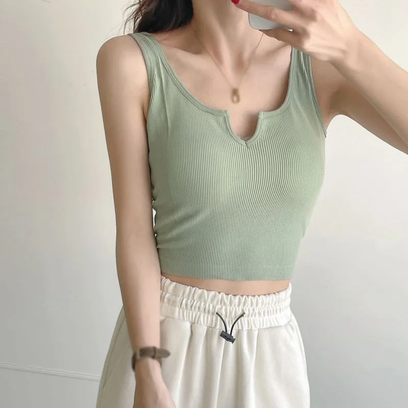 Women Sexy V Neck Tank Top With Built In Bra Inner Outer Wearable Breathable Wild Summer Crop Top