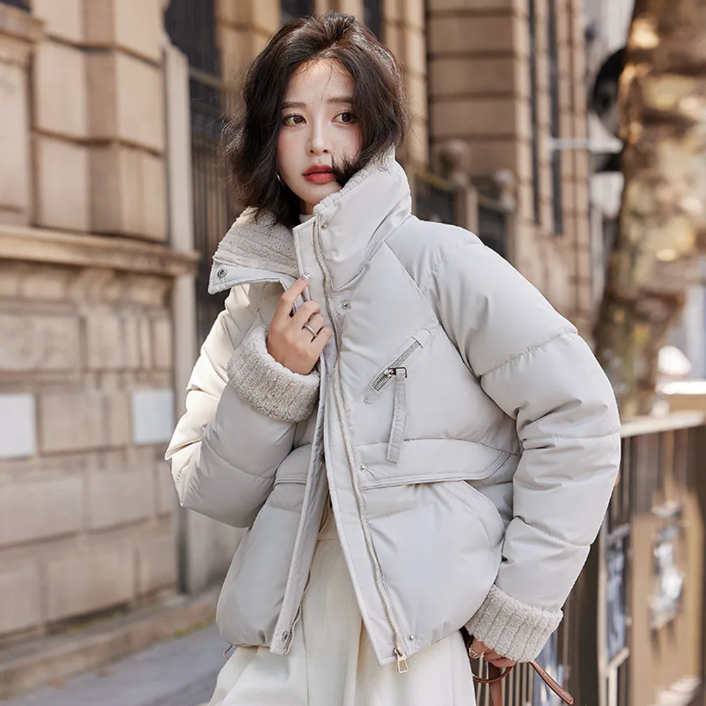 Winter Lamb Wool Turndown Collar Jackets Women Creamy-white Elegant Warm Parkas Ladies Coat Temperament Long Sleeve Slim Tops