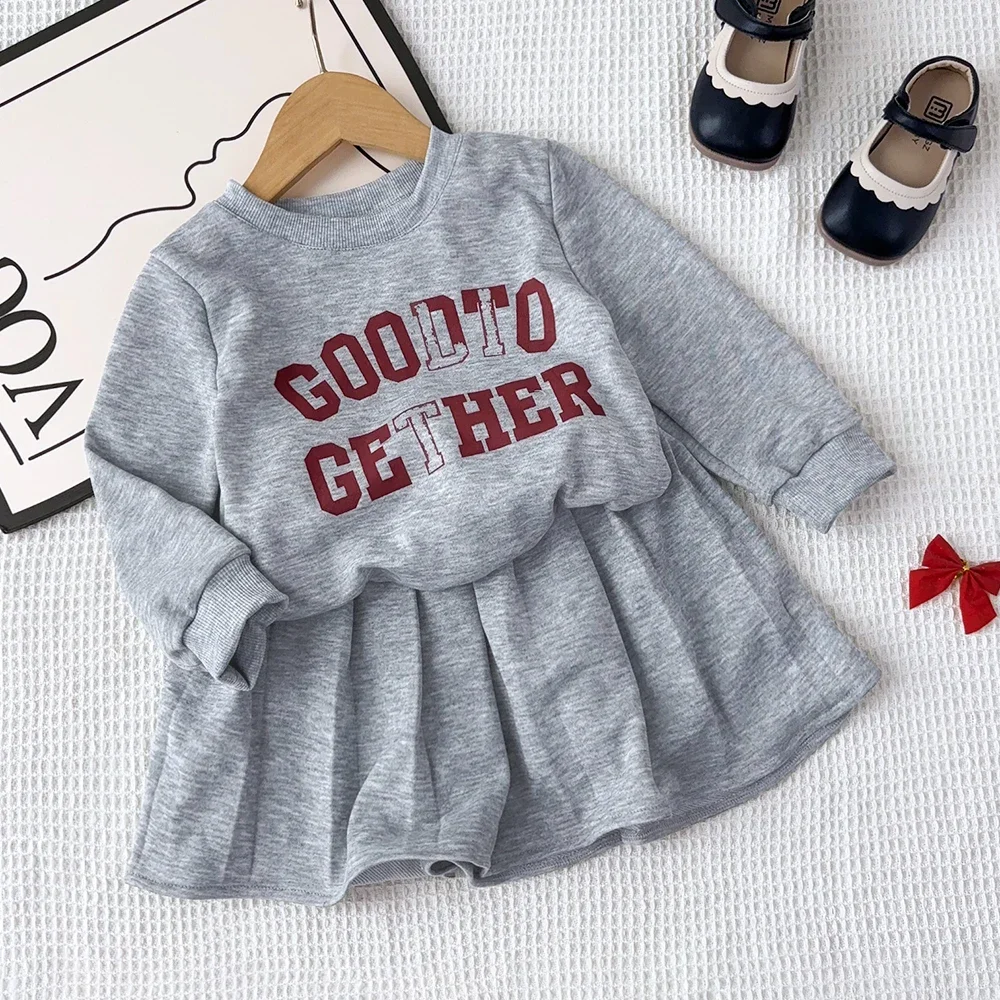 Korean Gray Fashion Set Autumn Long Sleeved Round Neck Letter Printed Top+skirt Set Sports and Casual Style Girl Clothes