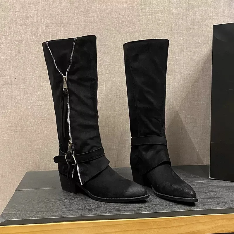 

Women Pointed Toe Wedges Heel Women Knight High Boots Concise Slip on Shoes Female Vintage Pipe Long Booties Winter Fashion