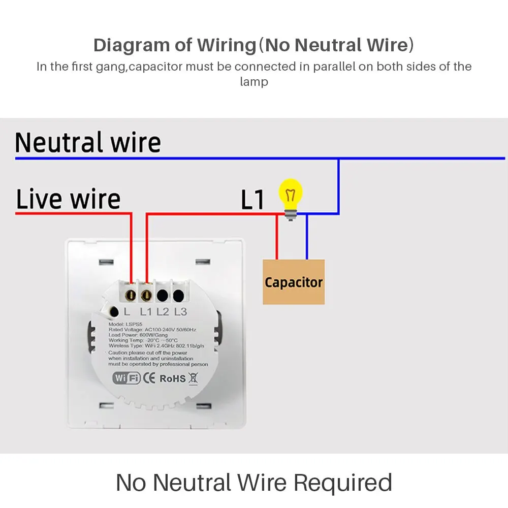 Tuya Smart Wifi Button Switch No Neutral Wire Required 1/2/3 Gang Wall Light Switch Smart Home Support Alexa Google Home Alice