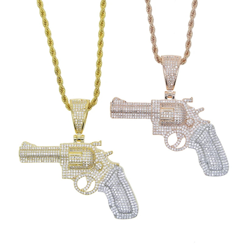 Iced Out Bling Hip Hop CZ Revolver Gun Pendant Necklace Gold Color Cubic Zirconia Pistol Charm Necklaces Men Fashion Jewelry