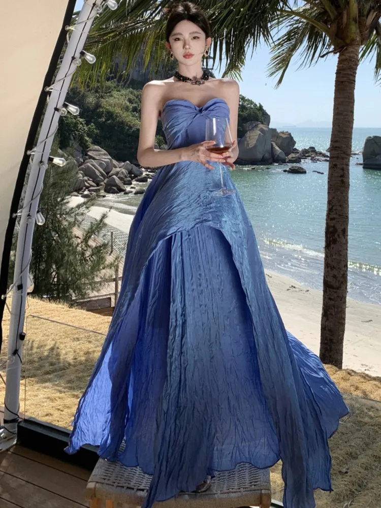 

Sweet Blue Strapless Long Dresses for Women Elegant Off Shoulder Sleeveless Evening Party Dress Summer Holiday Beach Vestidos