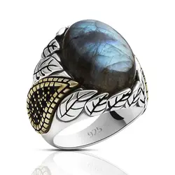 Real 925 Sterling Silver Italian Men Rings Wedding Fashion Rings Natural Labradorite Stone Handmade Vintage Ring