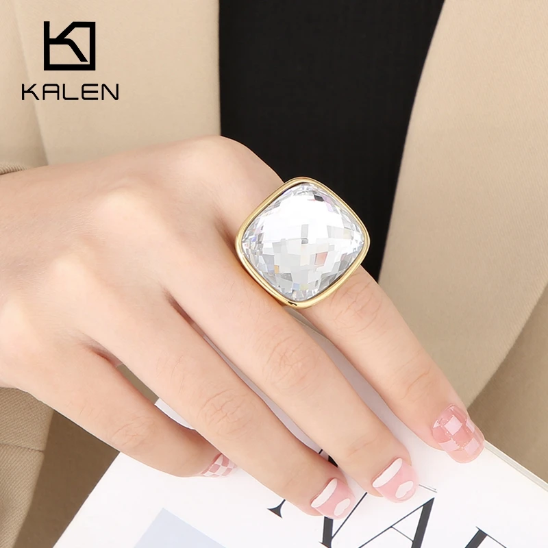 KALEN Stainless Steel Big Ring Glass Women Out Bling Square Ring Exaggerated Statement Wedding Engagement Rings