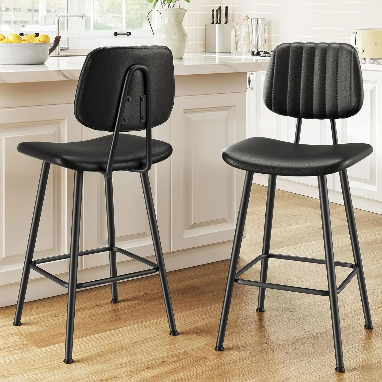 

Set of 2 Black Leather Bar Stools with High Backrest and Metal Legs for Kitchen Island, Counter Height