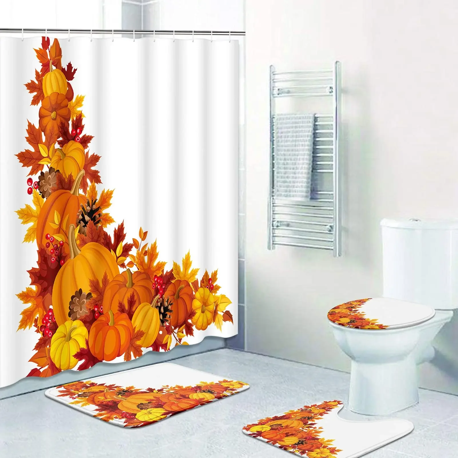 

Shower Curtain Set Thanksgiving Pumpkins Fall Leaves November Season with Non-Slip Rugs Toilet Lid Cover Bath Mat Bathroom