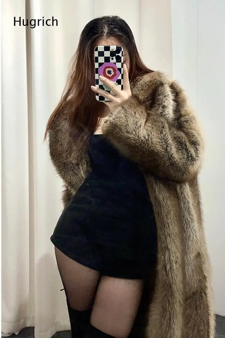 Women Taupe Faux Fur Long Coat Big Notched Lapel Collar Long Sleeve Oversized Loose Fit Warm Winter Outerwear