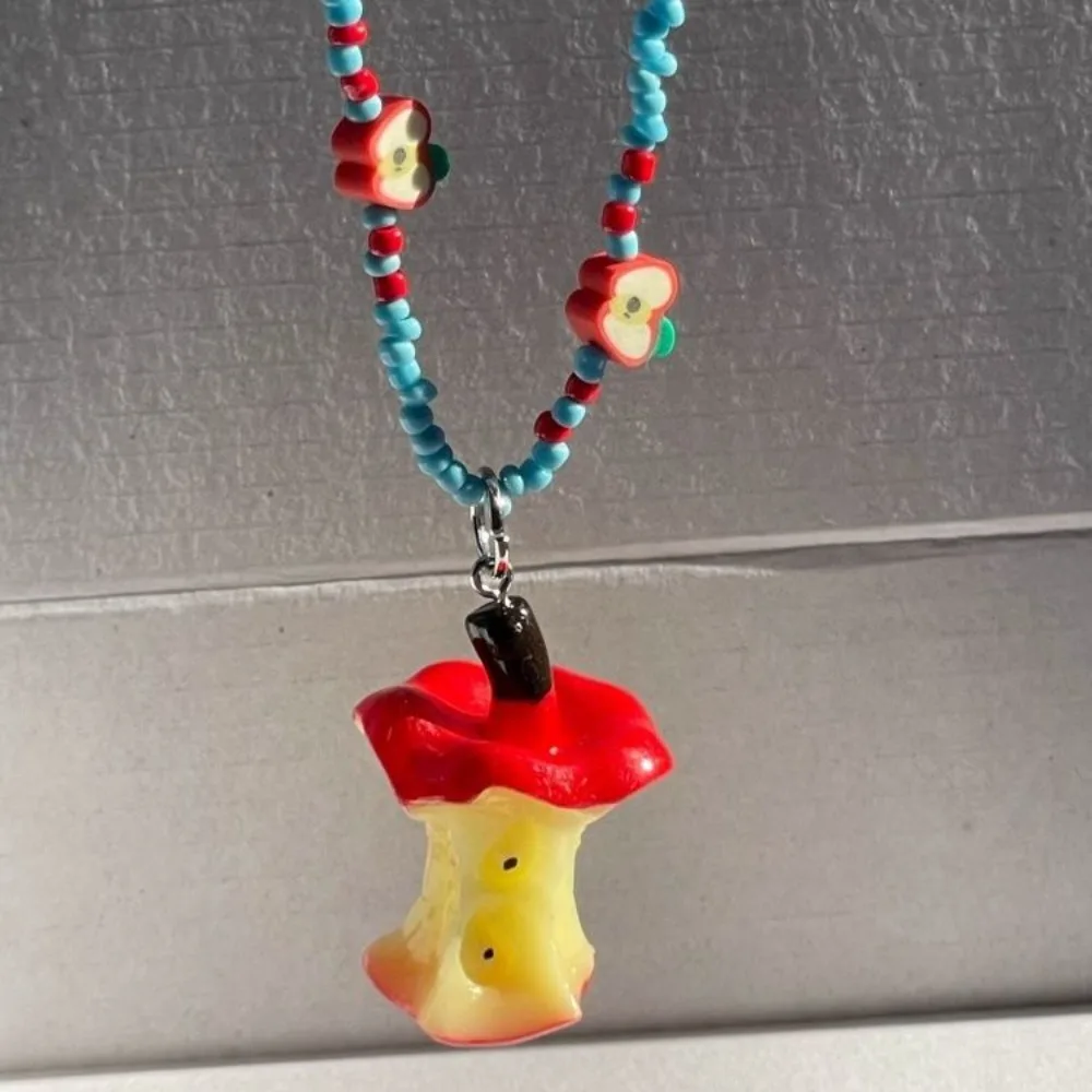 Cute Funny Dopamine Coloured Glaze Apple Core Pendant Beaded Necklace for Women Men Summer Collar Chain Fashion Jewelry Gifts