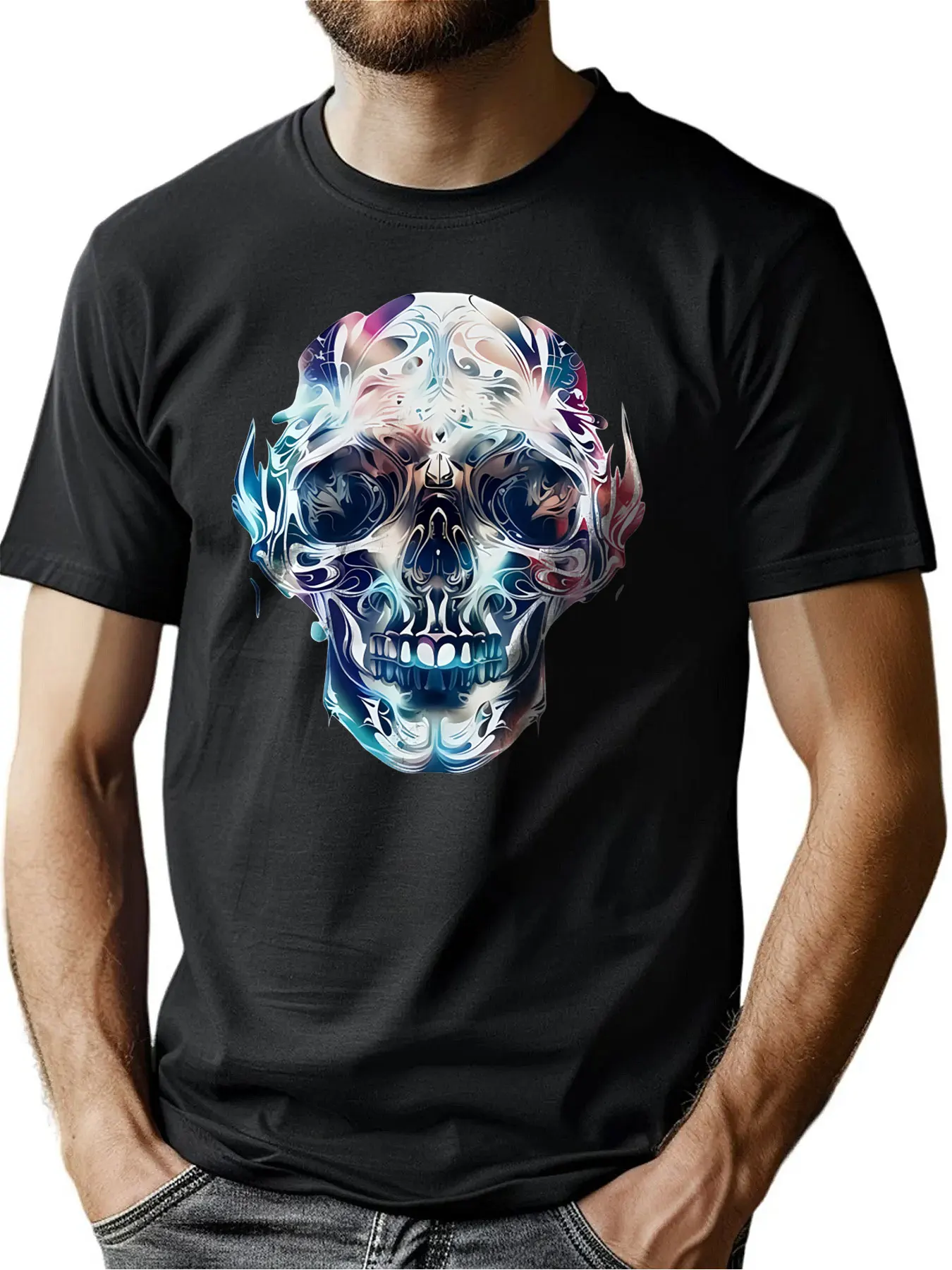 

Soft Cotton Fabric Men's Crew Neck Tee With Intricate Skull Print Birthday Gift Outdoor Sports Comfort Wear Machine Washable For