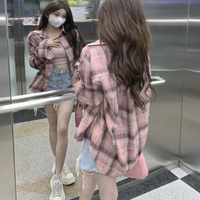 

plus Size 300 Pounds Women's Casual Plaid Shirt Spring Long Sleeve Loose Fit Versatile Outerwear Korean Style Commute Fashion