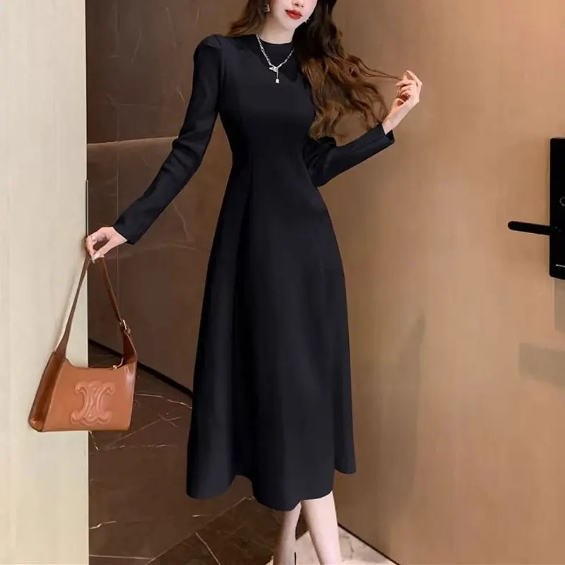 Vintage Long Sleeve Midi Dress Slim Autumn Winter French Style Half High Collar Women's Clothing Solid Color Aura A-Line Dresses