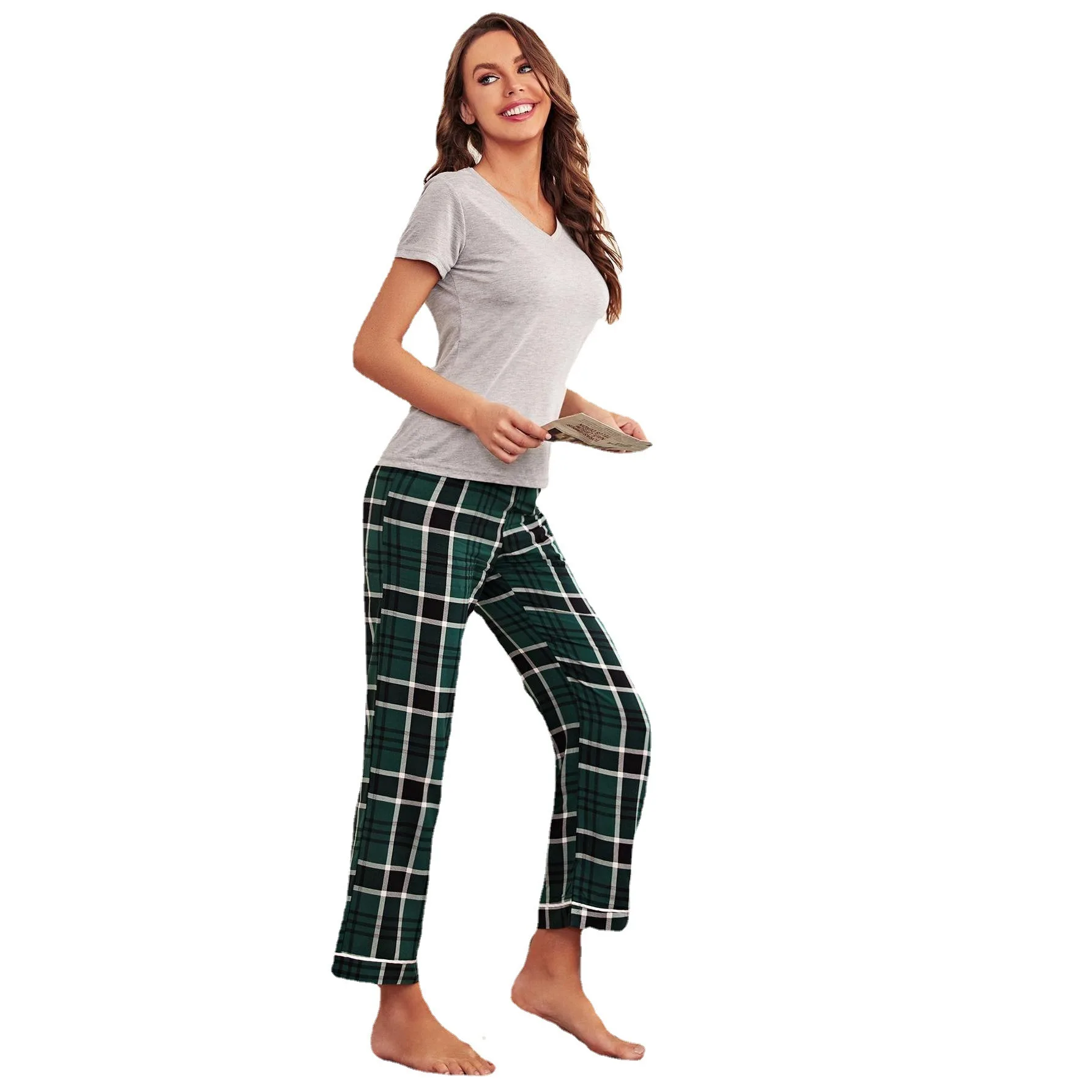

Home Clothes Spring/Autumn Casual V-Neck Short Sleeved Pants Two Piece Pajamas Women's Pamas