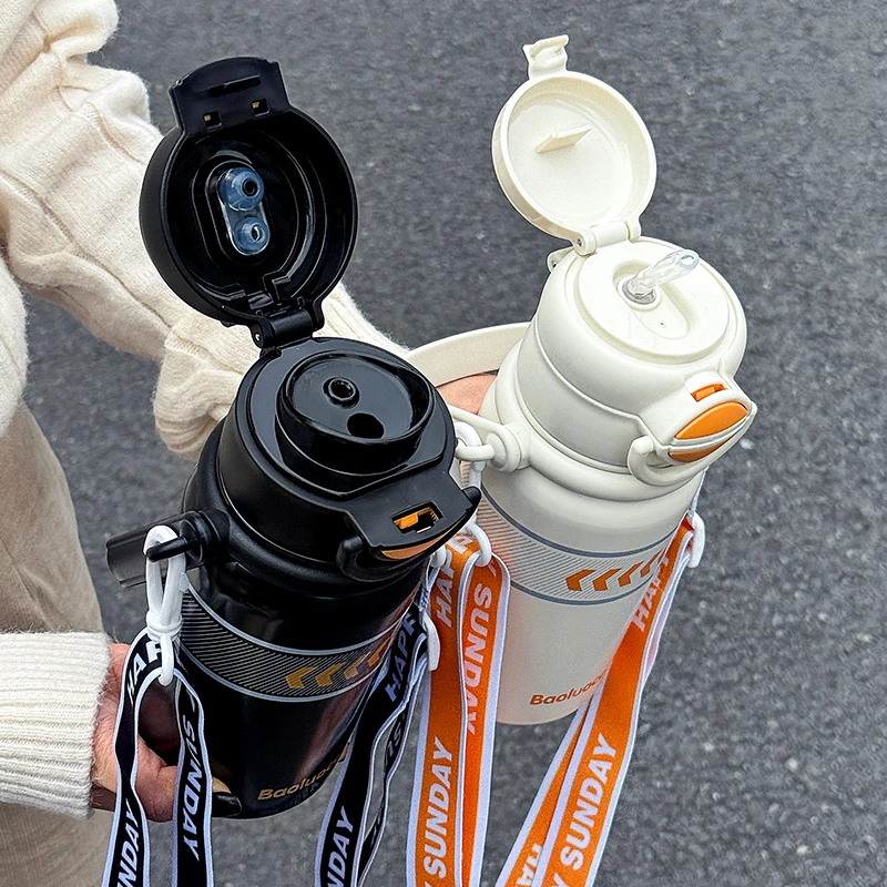 600ml Vacuum Insulated Stainless Steel Thermos Cup with Dual-Drinking Spout And Handle Sports Bottle with Shoulder Strap for Out