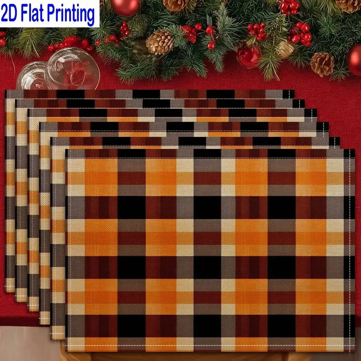

4PCs 2D Flat Printed Orange Brown Plaid Checkered Autumn Style Table Mats, Placemats, Heat-Resistant Kitchen Table Mats, Home Restaurant Table Mats, Outdoor Picnic Table Cloth Mats, Etc