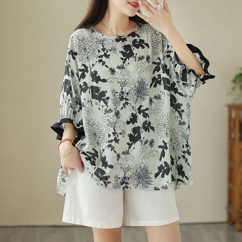 Temperament Printing Summer Round Neck Women's Cotton Hemp Asymmetric Patchwork Fashion Short Sleeve Loose Fitting Shirt Tops
