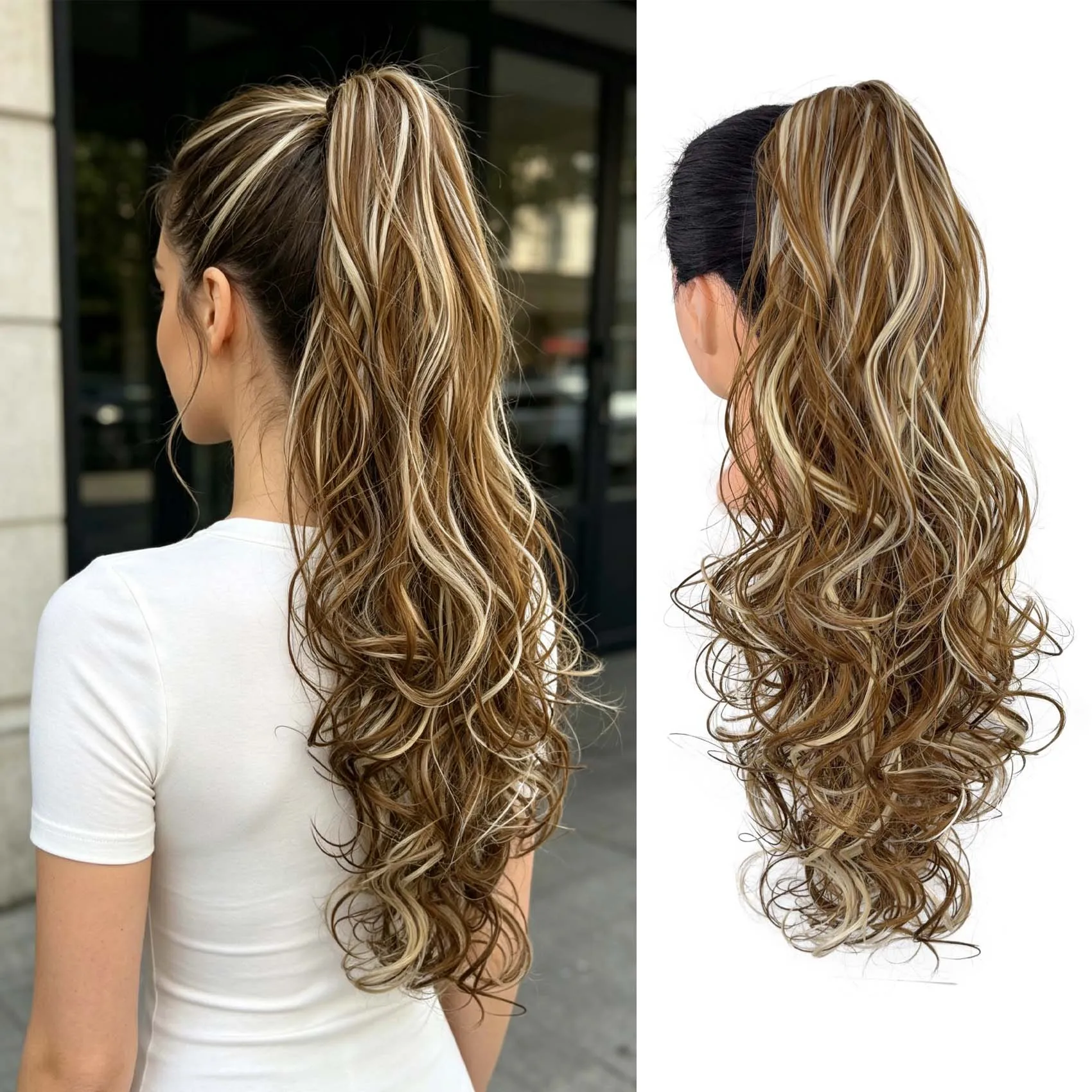 Synthetic Long Curly Ponytail Wig for Women, Heat-Resistant Clip-In Hairpiece, Easy to Wear Everyday Wig Accessory