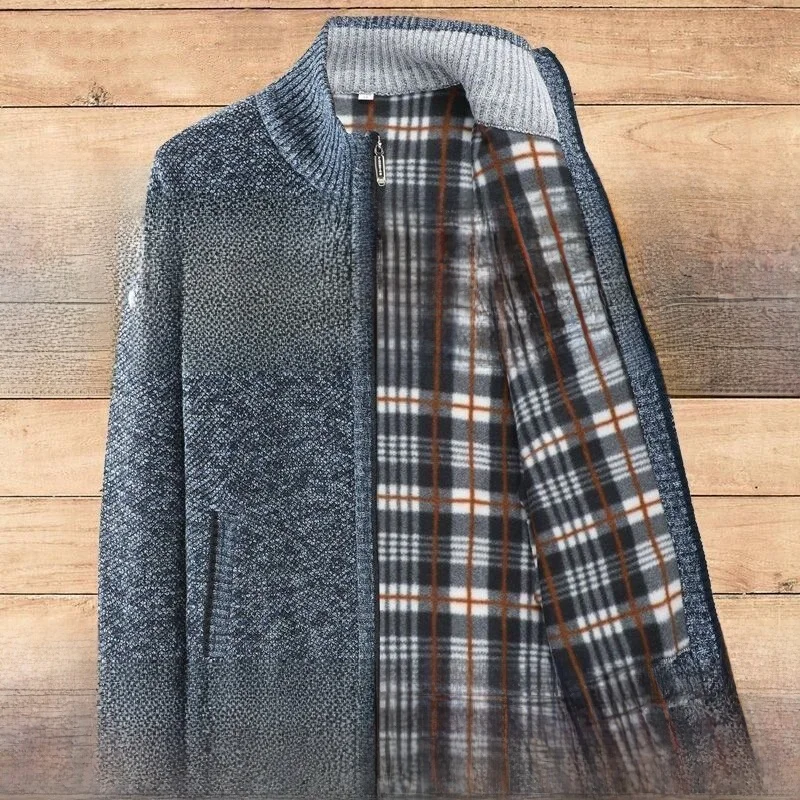 

Мужской вязаный кардиган Prtions Brand, утепленный флисом, повседневный свитер для папы, зимняя одежда, воротник-стойка, длинный рукав