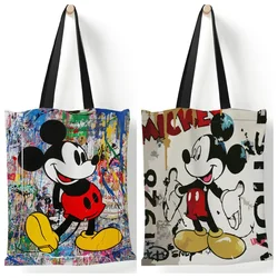 Disney-Mickey e Minnie bolsa de ombro feminina, desenho animado, sacola de lona fofa, grande capacidade, compras, viagem, armazenamento, moda