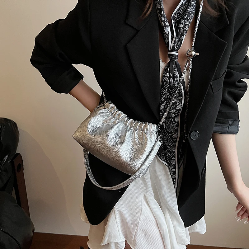 LEFTSIDE 2025 New Luxury Small PU Leather Solid Color Handbags and Purses Women's Crossbody Bag Silver Chain Shoulder Bags - view 2