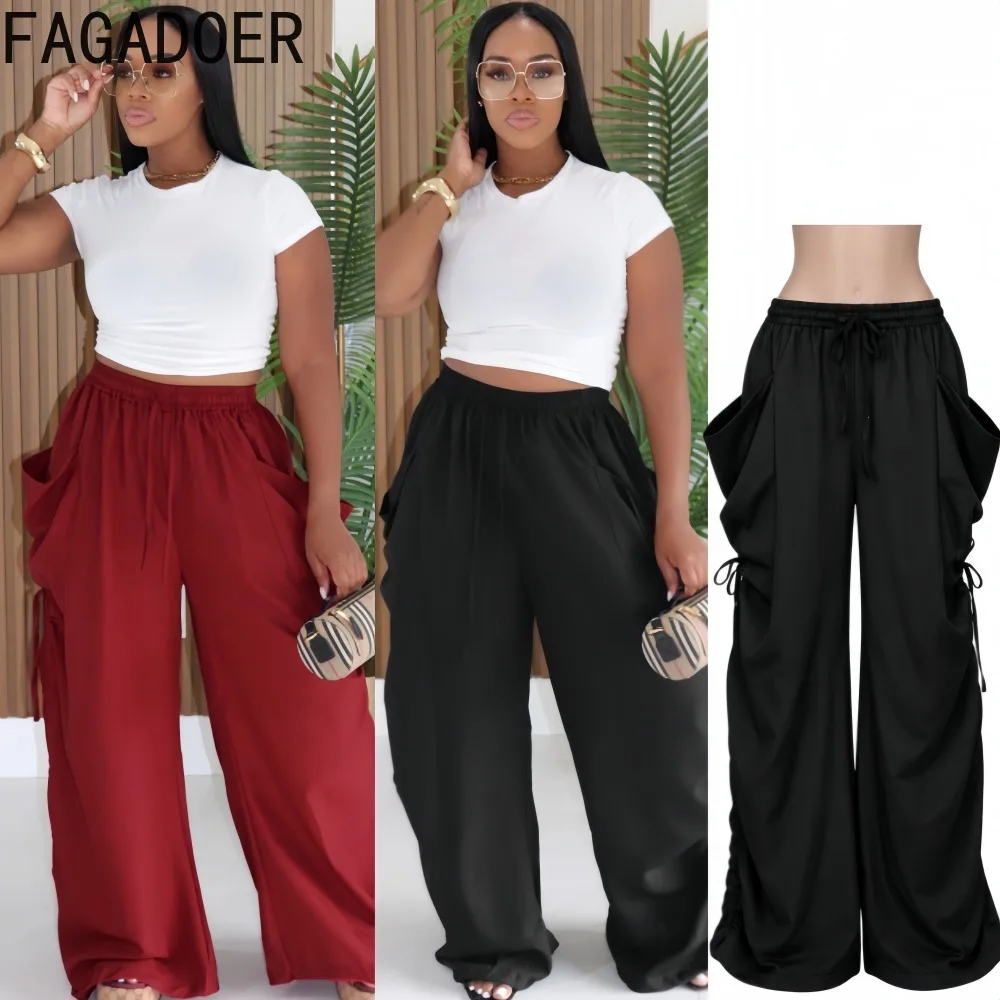 FAGADOER Women Casual Wide Leg Pants Drawstring Waist Ruched Side Loose Fit Pocket Trousers Streetwear Long Pants New 2026